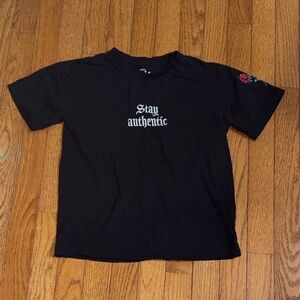 Eighty Eight Black Tee with White 'Stay Authentic' Script and Red Rose Accent